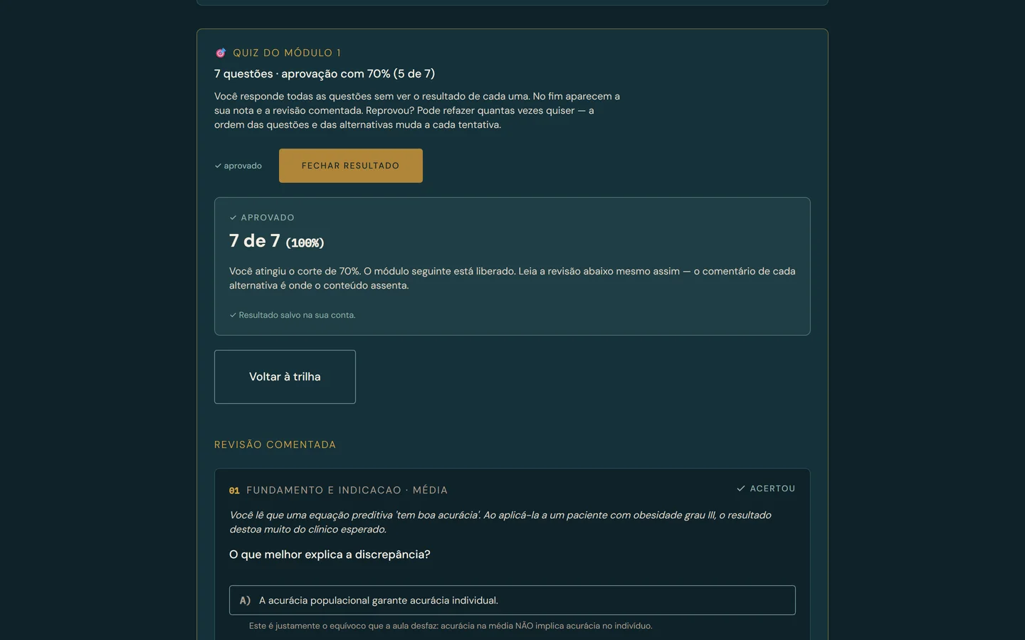 Tela de resultado de um quiz de módulo, com a nota e o início da revisão comentada