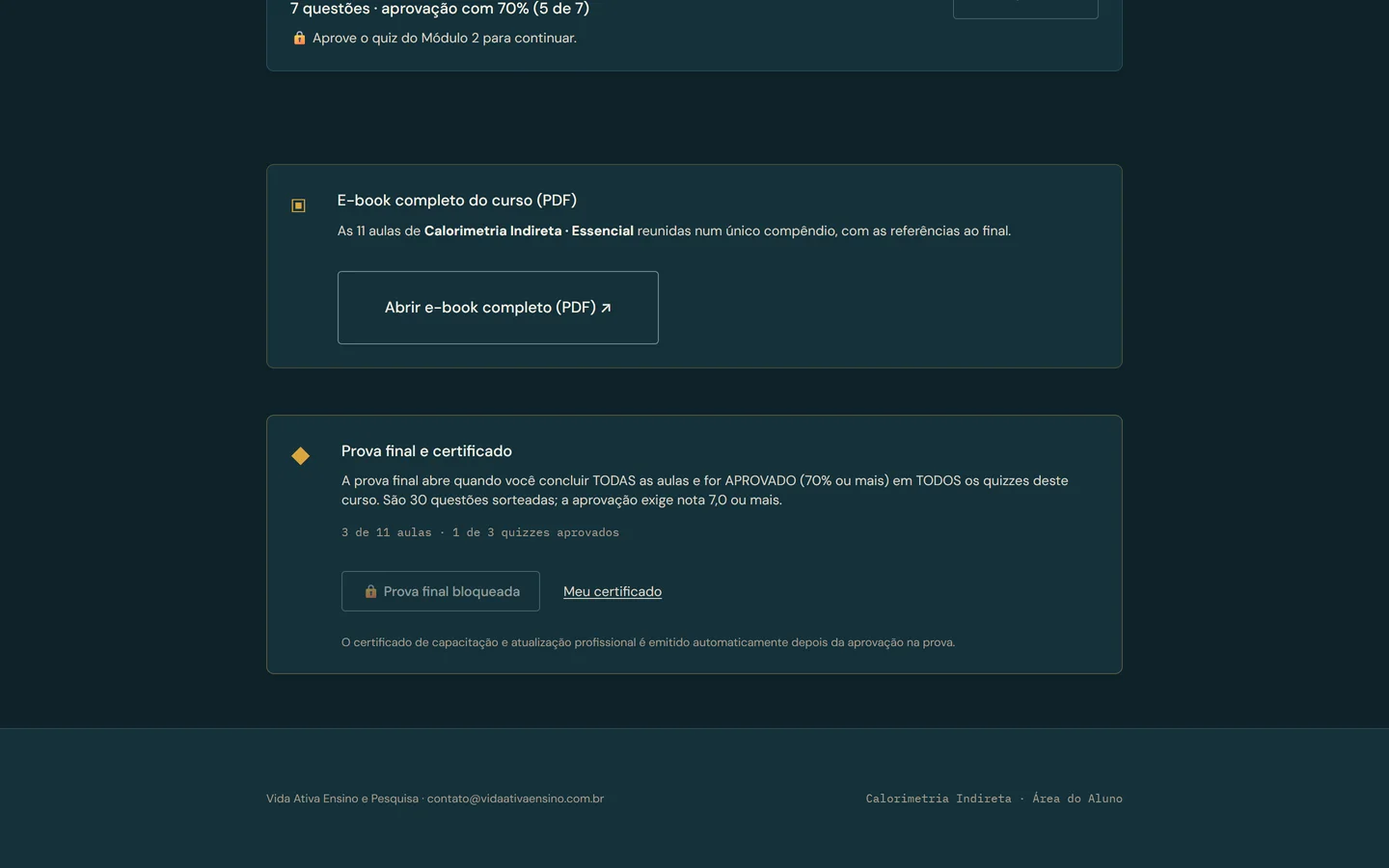 Card da prova final e do certificado, com o e-book completo do curso acima